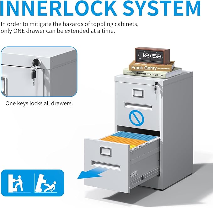 2 Drawer File Cabinet with Lock, Metal Vertical Filing Storage Cabinet for Home Office, Steel Vertical File Cabinets for Legal/Letter File Folders, Easy Assemble (White)