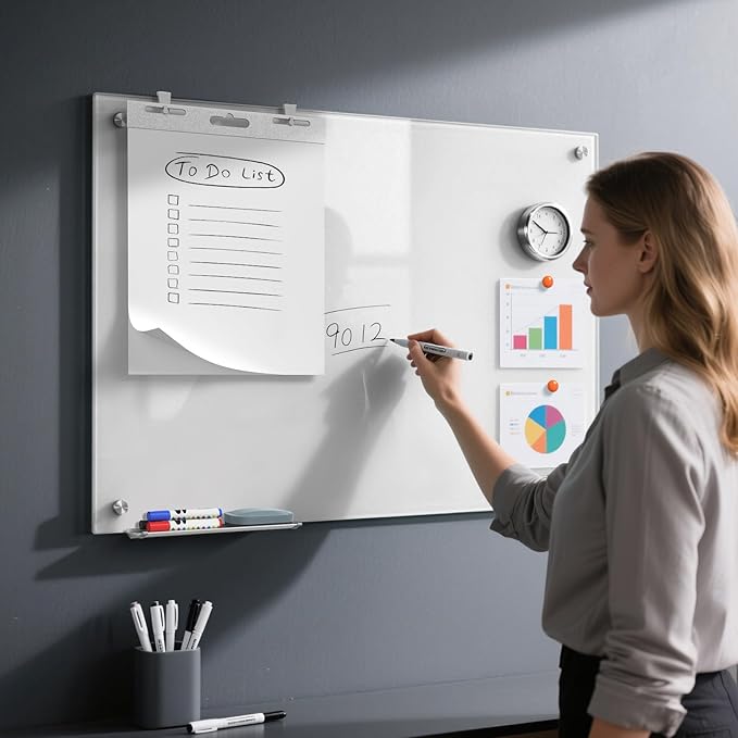 MaxGear Glass White Board 36x24 Inches Brilliance White Magnetic Dry Erase Board Wall Mounted Whiteboard, Large Frameless Whiteboard with 1 Eraser,3 Markers and 6 Magnets for Office, School, Home