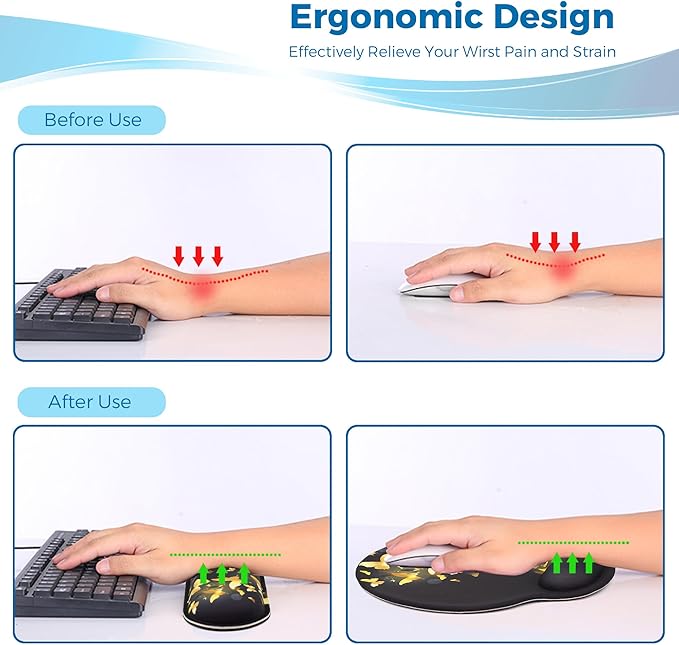 Mouse Pad and Keyboard Wrist Rest Support, with Non-Slip PU Base,Gel Mouse Pad with Coaster,Pain Relief for Gaming, Computer,Office -Golden Butterflies