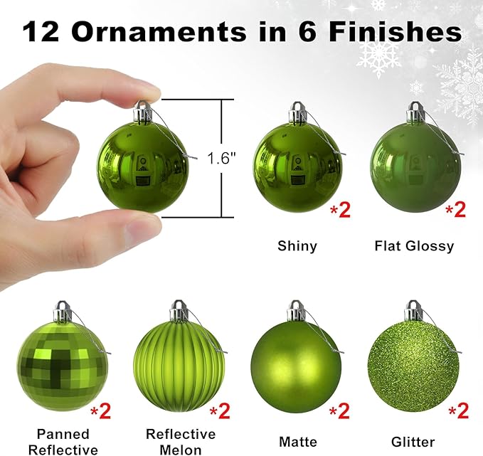 Lime Green 1.6" Small Christmas Balls Christmas Tree Decoration Ornaments Shatterproof Hanging Balls for Birthday Halloween Holiday Wedding Decorations Set of 12pcs