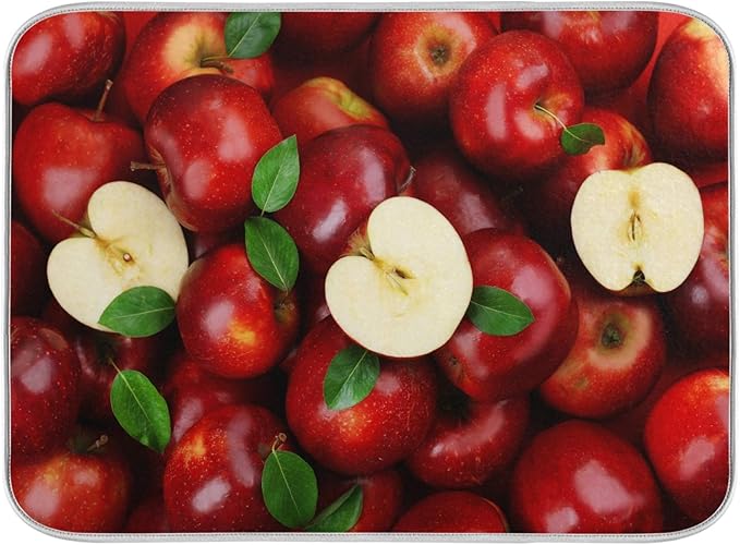 Leaves Red Apples Dish Drying Mat 16 X 18 Inch Natural Fresh Fruits Dry Dishes Pads Tableware Mats Absorbent Microfiber Protector for Kitchen Countertops Counter Home Decorations