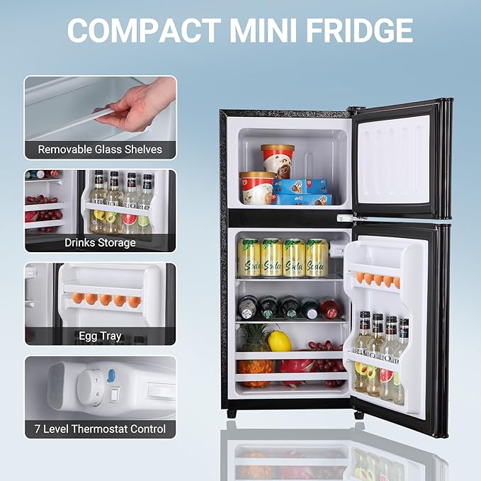 Mini Fridge with Freezer, 4.0 Cu. Ft. Double-Door Mini Refrigerator with 7-Level Adjustable Thermostat & Adjustable Glass Shelves, Compact Dorm Fridge 37 dB Low Noise for Bedroom, Apartment, Black