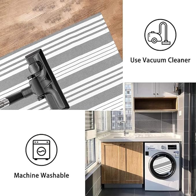 OJIA Entryway Rug 3'x5' Cotton Hand Woven Christmas Front Door Mat Holiday Doormat Machine Washable Outdoor Rugs Grey and White Striped Entry Rug Porch Rugs for Farmhouse/Bedroom/Home Entrance Decor