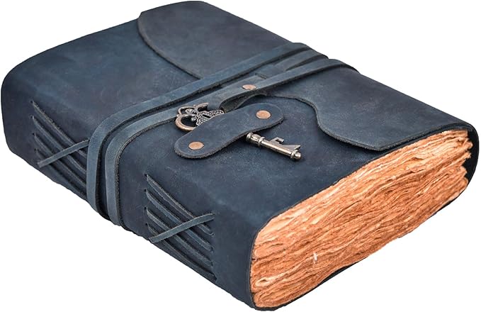 LEATHER VILLAGE Vintage Leather Journal – 200 Handmade Vintage Deckle Edge Paper – Leather bound Journal For Women Men – Vintage Key Closure - Book of Shadows - Blue - 6X4 inches (A6)