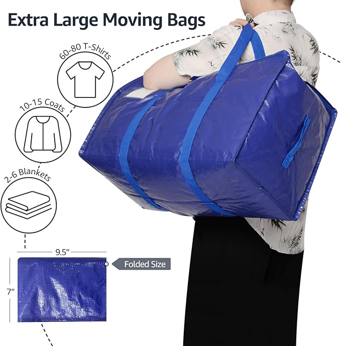 Moving Bags Heavy Duty Extra Large, Moving Boxes, Moving Supplies Essentials, Blue Storage Bins with Lids, Plastic Packing Totes, Storage Bags for Clothes with Handles & Zippers(Blue, 4 Pack)