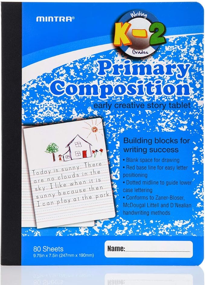 Mintra Primary Composition Notebook, 24 units 6-4 Pack, Assorted Colors, 80 Sheets, 7.5in x 9.75in, 1/2 Sheet, Ruled with Drawing Area, Flexible Hardcover Journal, Grades K-2, School & Home Use