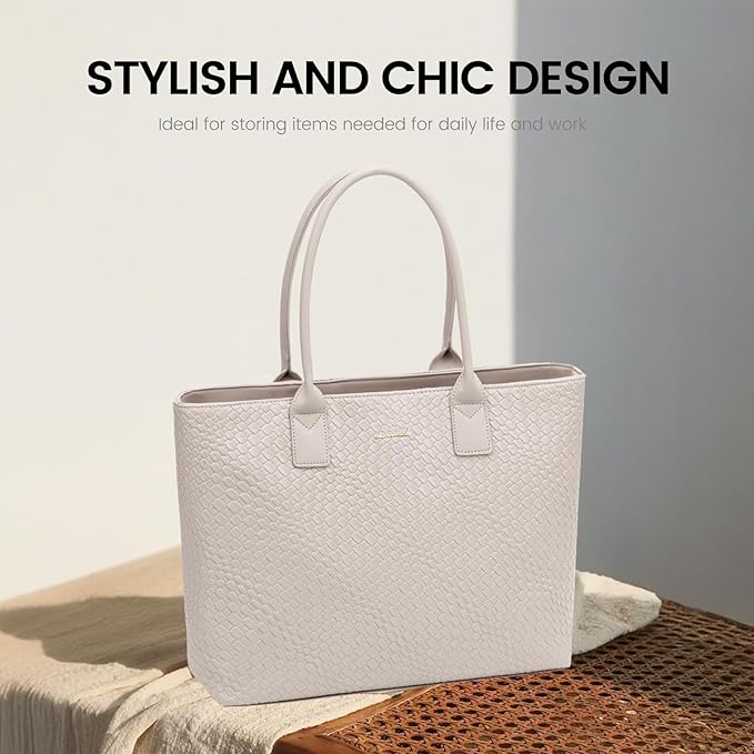 LOVEVOOK Laptop Purses and Handbags for Women, 15.6 Inch Computer Bag Work Tote Briefcase Satchel Handbags for Women with Small Clutch, Beige