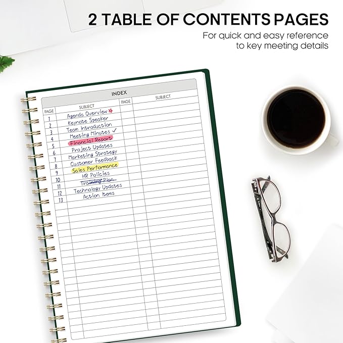 Meeting Notebook for Work Organization - Work Planner Notebook with Action Items, Agenda Planner for Note Taking, 160 Pages (6.9" X 9.9") Project Organizer for Men & Women - Dark Green