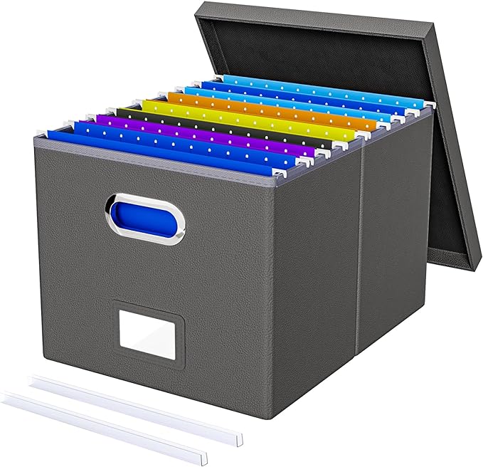Oterri File Organizer Box with Lid, Portable Hanging File Box for Office/Decor/Home, 1 Pack, Gray (Leather)
