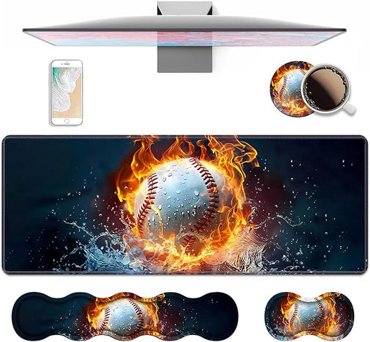 4 in 1 Ergonomic Keyboard Wrist Rest & Mouse Pad Wrist Rest Set, Large XXL Gaming Desk Mat 31.5"x 11.8" with Non-Slip Base, Memory Foam for Home Office Study Gaming, Burning Baseball Fire and Water