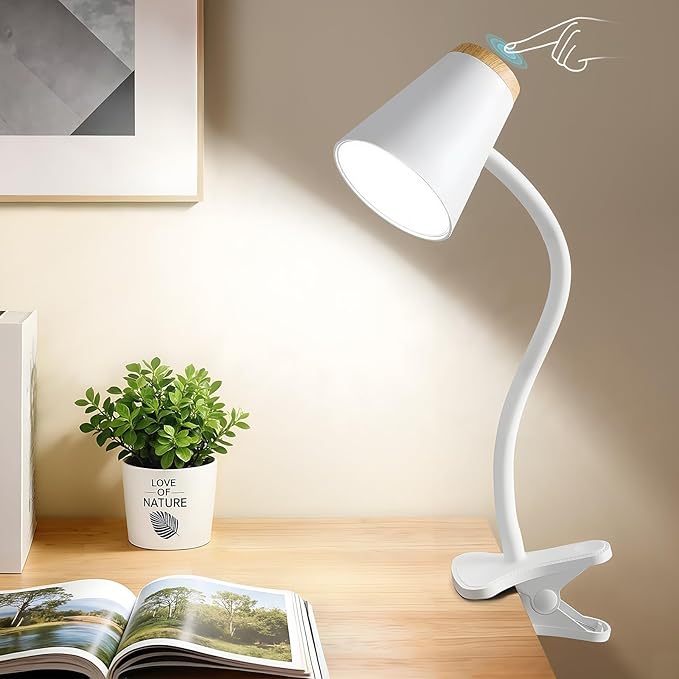 Clip on Desk Lamp for Home Office - Small LED Touch Dimmable Book Lights for Reading at Night - Adjustable Flexible Gooseneck Clamp Light Table Lamp for Bedside Bedroom Bed Headboard White