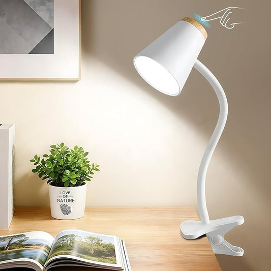 Clip on Desk Lamp for Home Office - Small LED Touch Dimmable Book Lights for Reading at Night - Adjustable Flexible Gooseneck Clamp Light Table Lamp for Bedside Bedroom Bed Headboard White