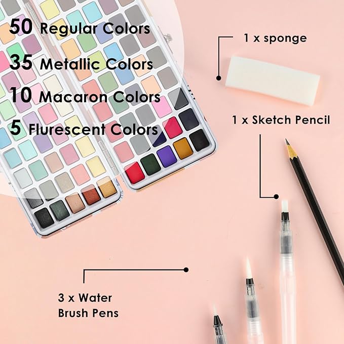 Grabie 100 Colors Watercolor Paint Set，Pack of 50 Regular, 35 Metallic, 10 Macaron and 5 Fluorescent Colors， Portable Metal Case, Water Brush Pens, and Accessories， For Beginners and Professionals