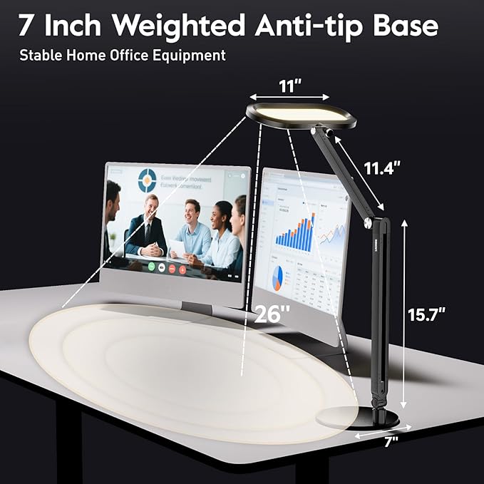 Premium LED Desk Lamp for Home Office – Eye-Caring Double Side Light with Knob Remote, Stepless Dimming & Color, Memory, Metal Table Lamp for Zoom, Studying, Video Conference, Flicker-Free, Glare-Free