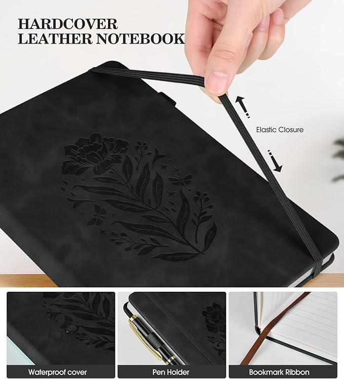 Lined Journal Notebook for Women, A5 Black Hardcover Leather Journals for Writing, 200 Pages Travel Daily Journal,Thick College Ruled Notebook for Work School, Note Taking, Business 5.75'' X 8.38''