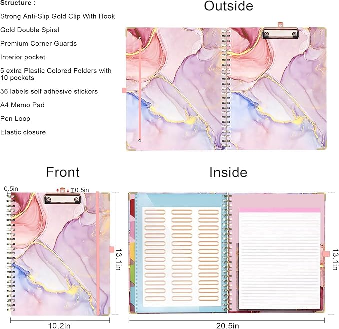 Lateefah Clipboard with Storage, File Folders with Pockets, Nursing Clipboard with Label Stickers and Notepad, Spiral Clip Board with Pen Loop for School, Office Supplies