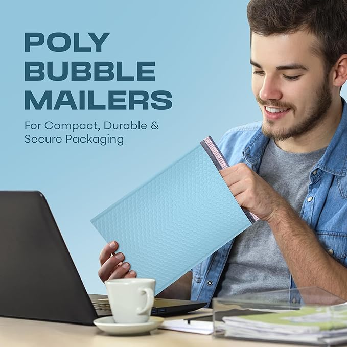 Light Blue Large Poly Bubble Mailers 9.5x14.5 inch #4 | Self Seal Padded Envelopes Cushioned Bubble Mailer | Usable Size 9.5x13.5 | WaterProof | Lightweight mailing Shipping Bags | 200 Pack Bulk