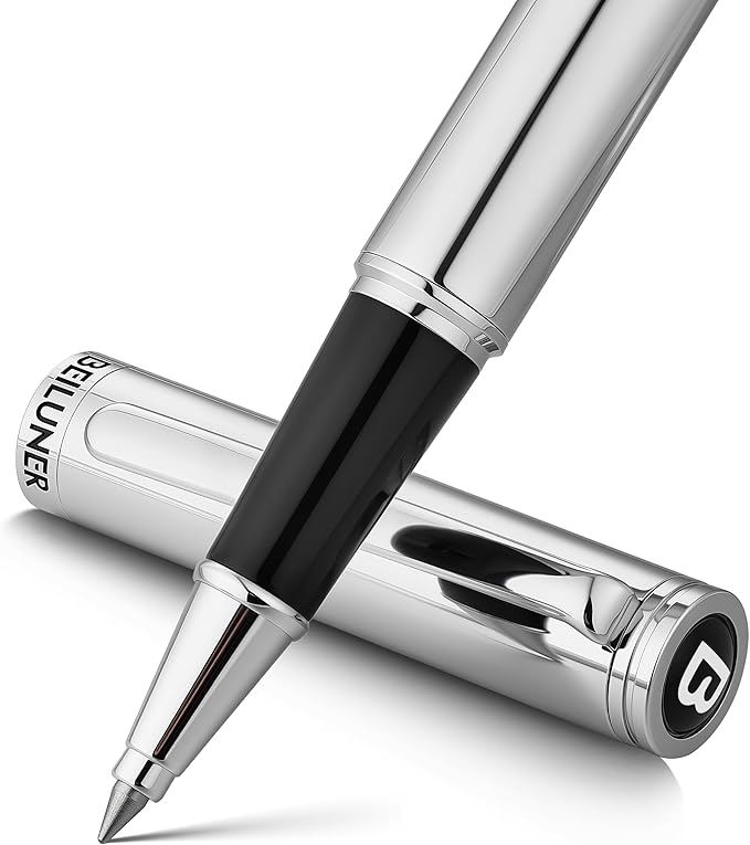 BEILUNER Luxury Silver Rollerball Pen, Stunning Bright Silver Chrome Finish,Noble and Elegant Designs,Schneider Ink Refill, Best Gift Pen for Men & Women, Professional, Executive Office, Fancy Pens