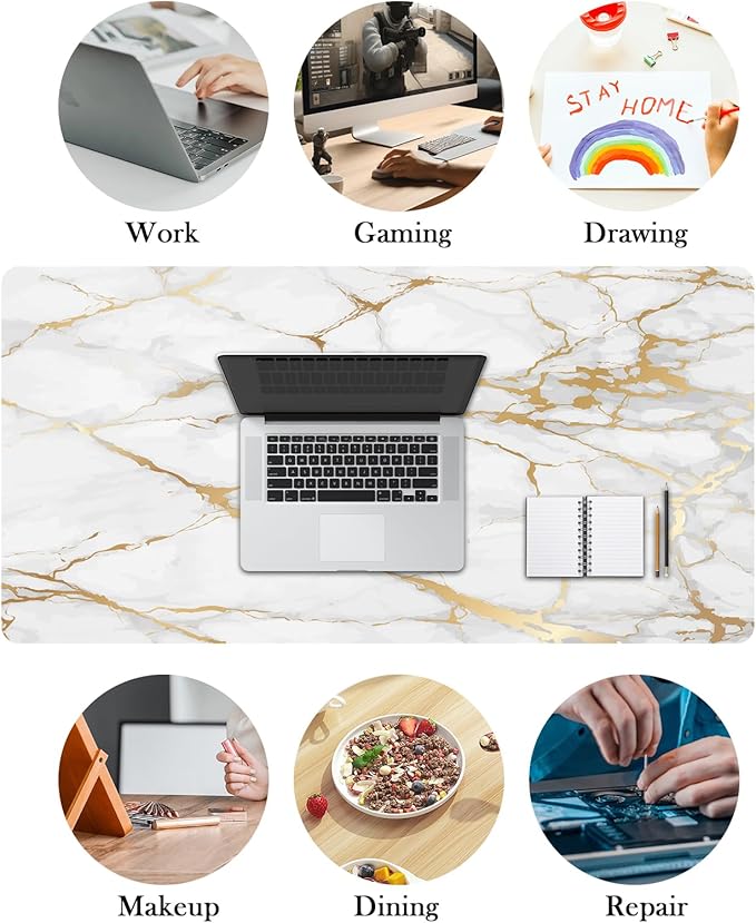 Mrcrypos Large Mouse Pad White Gold Marble Desk Mat for Desktop, Waterproof Desk Pad with Stitched Edges, Computer Keyboard Gaming Mouse Pads for Women Office Home 31.5" x 15.7"