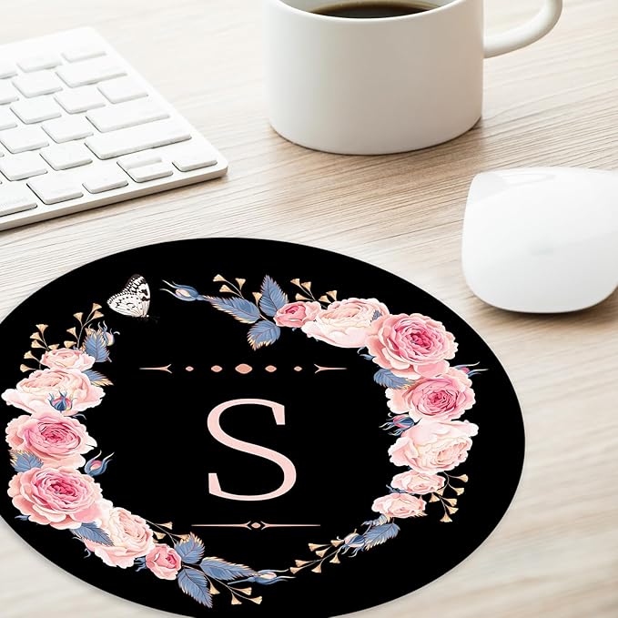 Letter S Black and Pink Flowers Round Mouse Pad, Funny Small Mouse Mat with Non-Slip Rubber Base, Home Office Decor Desk Accessory, 8.7inch Round