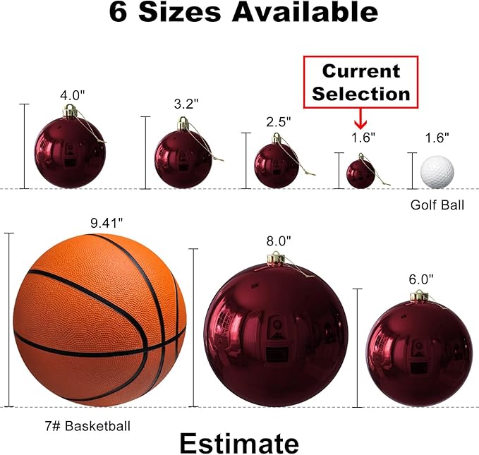 Maroon 1.6" Small Christmas Balls Christmas Tree Decoration Ornaments Shatterproof Hanging Balls for Birthday Halloween Holiday Wedding Decorations Set of 12pcs