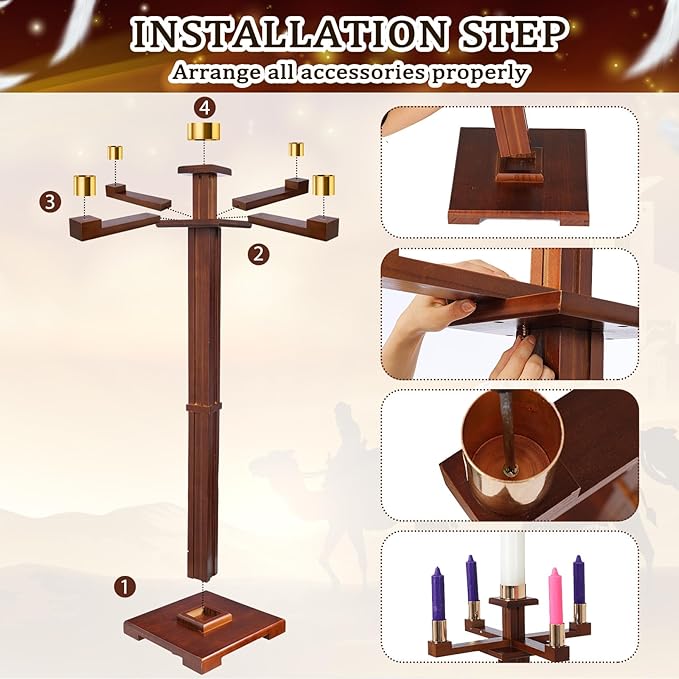 Mumufy 48 Inch Tall Advent Church Stand Candleholder Set of 5 Purple Pink White Candles Wood Nativity Candle Stand with Metal Arch Christmas Candlestick Holder for Christmas Church Holy (Deep Wood)