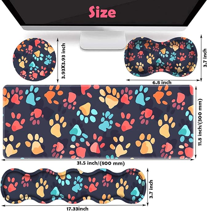Large XXL Gaming Desk Mat 31.5"x 11.8", Ergonomic Keyboard Wrist Rest & Mouse Pad Wrist Rest + Coaster Set, Non-Slip Base, Memory Foam, Office and Home, Color Dog Paw Prints