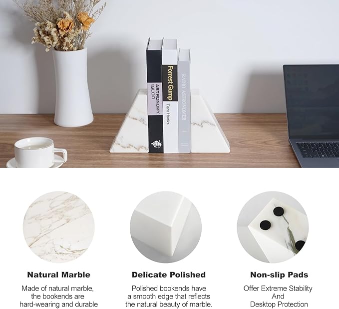 Marble Book Ends White, Heavy Duty Book Ends for Shelves, Decorative Natural Book Stopper，Unique Decorative Bookend for Home Shelves Calacatta Natural Marble Bookend, Set of 2