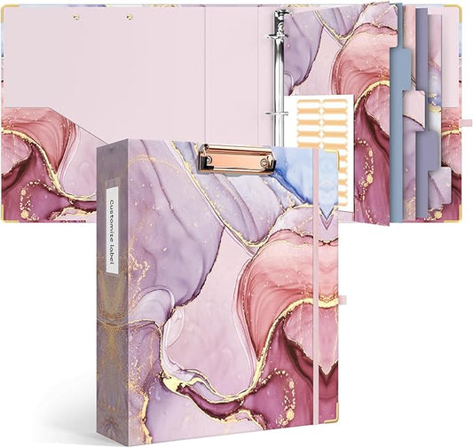Ospelelf 3 Ring Binder, 2 Inch Letter Size (11" x 8.5") with 5 Tab Dividers, File Folder Labels and Low Profile Clipboards, Pink Marble Binder for School and Office Supplies