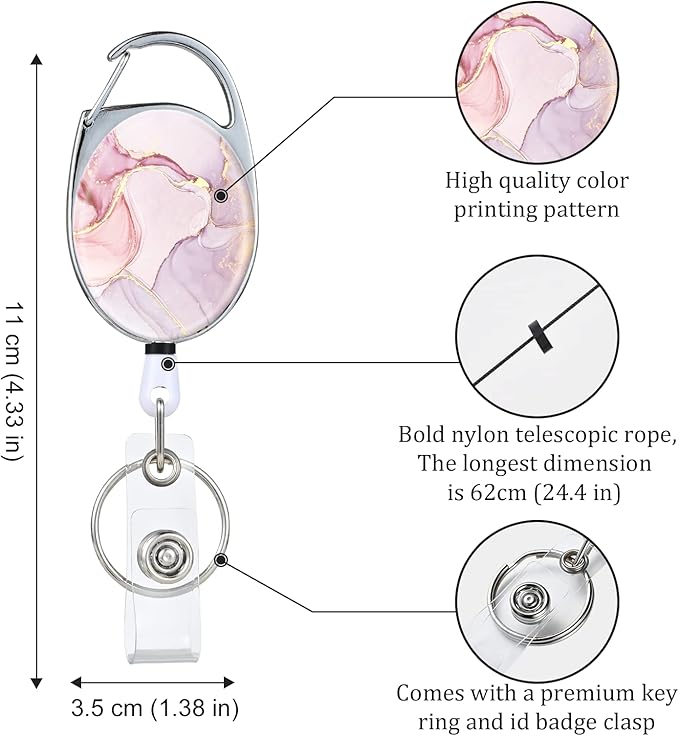 Badge Reels Retractable，Double Sided Color Print Pattern Badge Holders，with Keychain, Clip and Key Ring，Durable Nylon Rope，Pink Marble