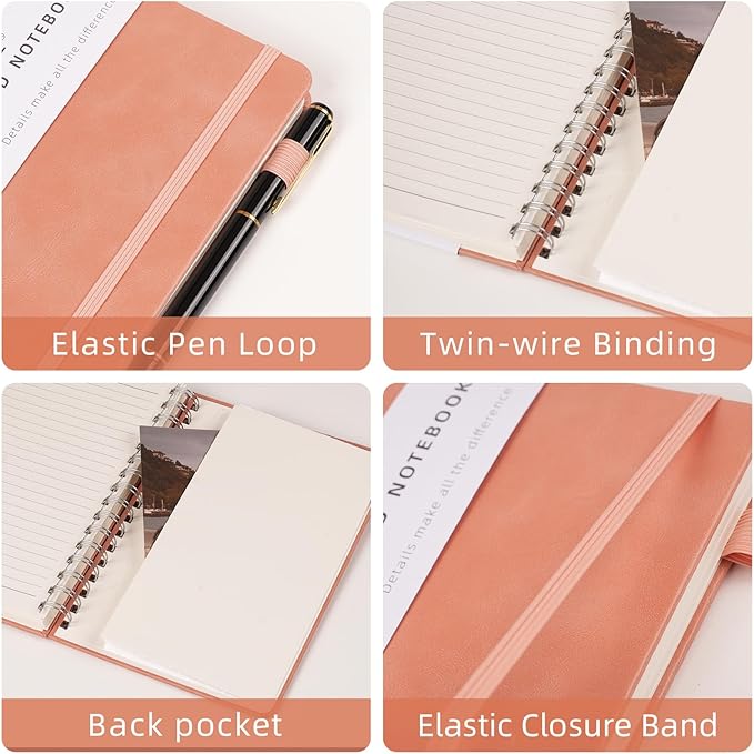 Lined Spiral Notebook Journal for Women Men 160 Pages A5 College Ruled Hardcover Leather with Pen Holder Notebook Journals for Note Taking Work Pink