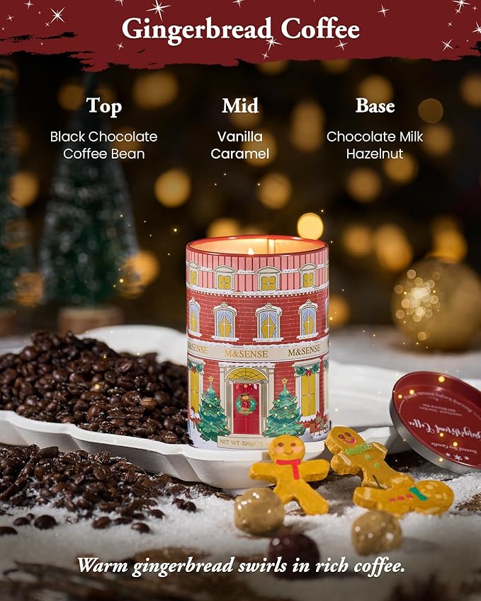 M&SENSE Gingerbread Coffee Christmas Candles, Warm Scented Holiday Candle with Gingerbread Cookie, Chocolate & Coffee Bean, Soy Wax 11.3oz 70 Hour Clean Burn, Cozy Winter Home Decor, Christmas Gifts