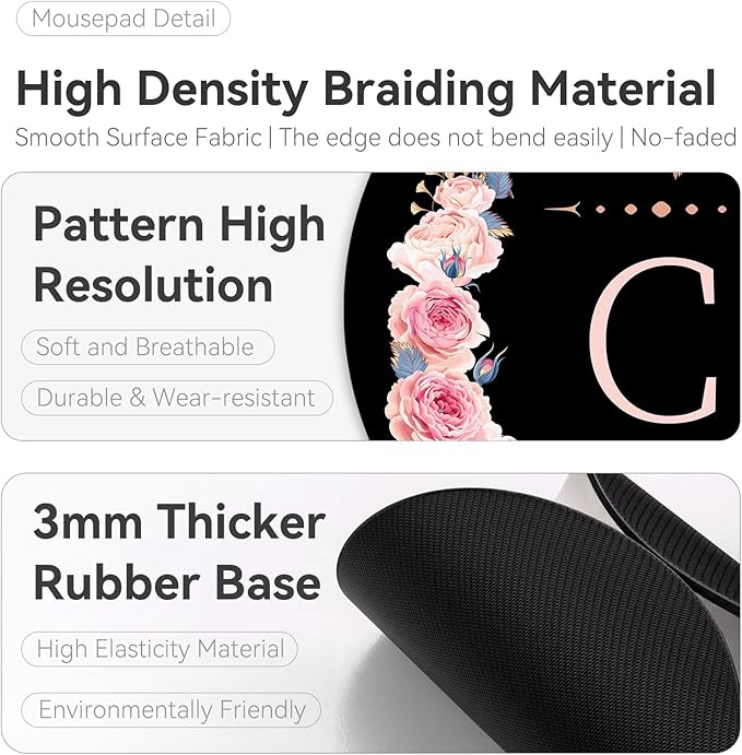 Letter C Black and Pink Flowers Round Mouse Pad, Funny Small Mouse with Non-Slip Rubber Base, Home Office Decor Desk Accessory, 8.7inch Round