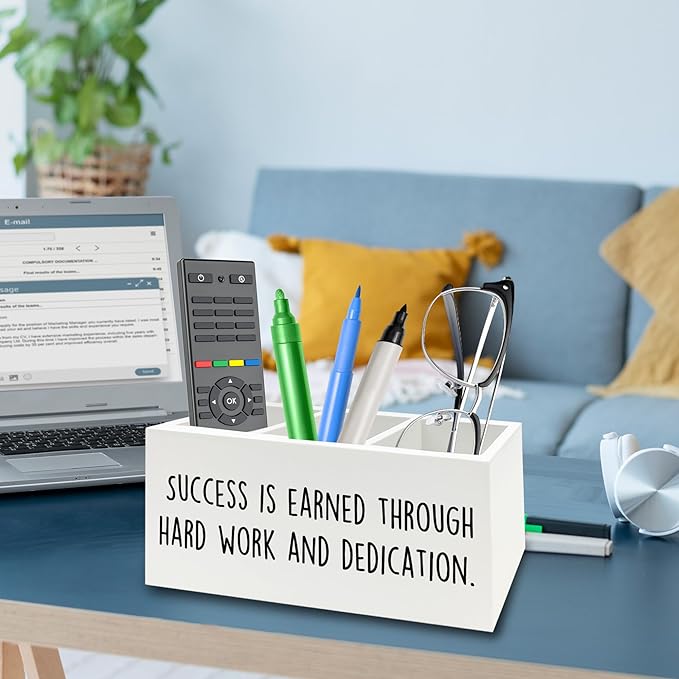 Motivational Gifts Pen Pencil Holder Organizer for Desk, Success Is Earned Through Hard Work and Dedication Inspirational Wooden Box Signs Decorations for Home Office Desk Tabletop