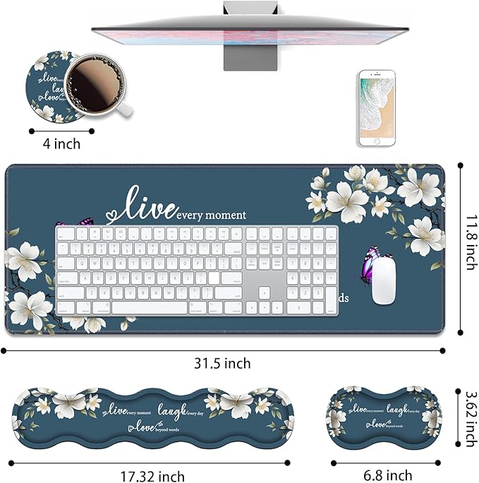 4 in 1 Ergonomic Keyboard Wrist Rest & Mouse Pad Wrist Rest Set, Large XXL Gaming Desk Mat 31.5"x 11.8" with Non-Slip Base, Memory Foam for Home Office Study Gaming, Floral Quote Live Laugh Love