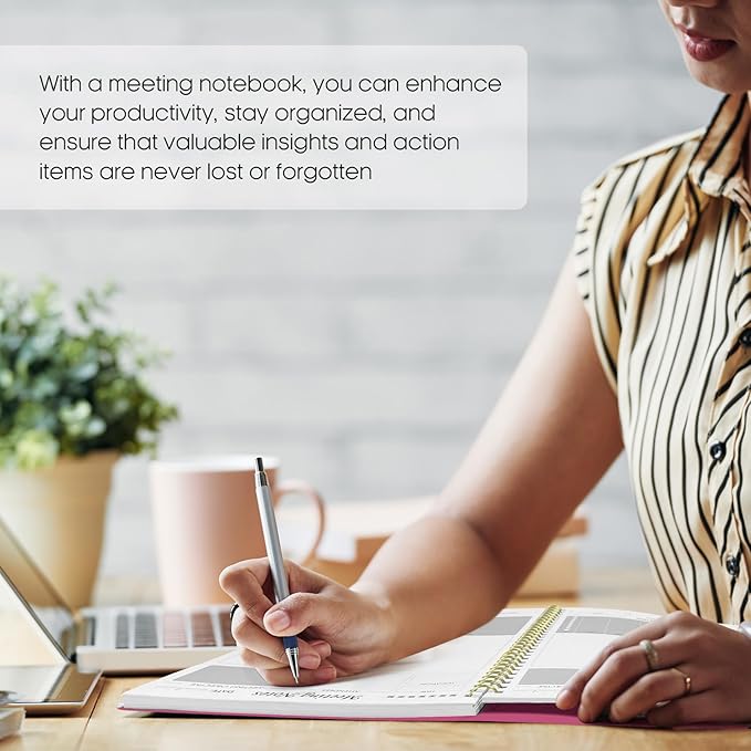 Meeting Notebook for Work Organization - Work Planner Notebook with Action Items, Agenda Planner for Note Taking, 160 Pages (6.9" X 9.9") Project Organizer for Men & Women - Berry Pink