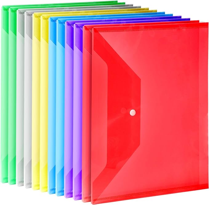 LEOBRO Plastic File Folders, 12 PCS Plastic Folders for Document, A4 Size Plastic Envelopes with Snap Closure, Clear File Folders Document Folders File Bags for School Office, Filling Product