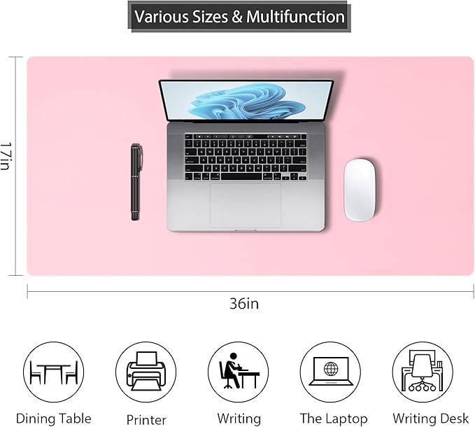 Mouse Pad Desk Protector Mat, Large PU Leather Office Desk Mat, Non-Slip Desk Pad for Keyboard and Mouse, Waterproof Desk Blotter Pad for Writing, Wide & Smooth Laptop Desk Pads, Pink (17’’X36’’)