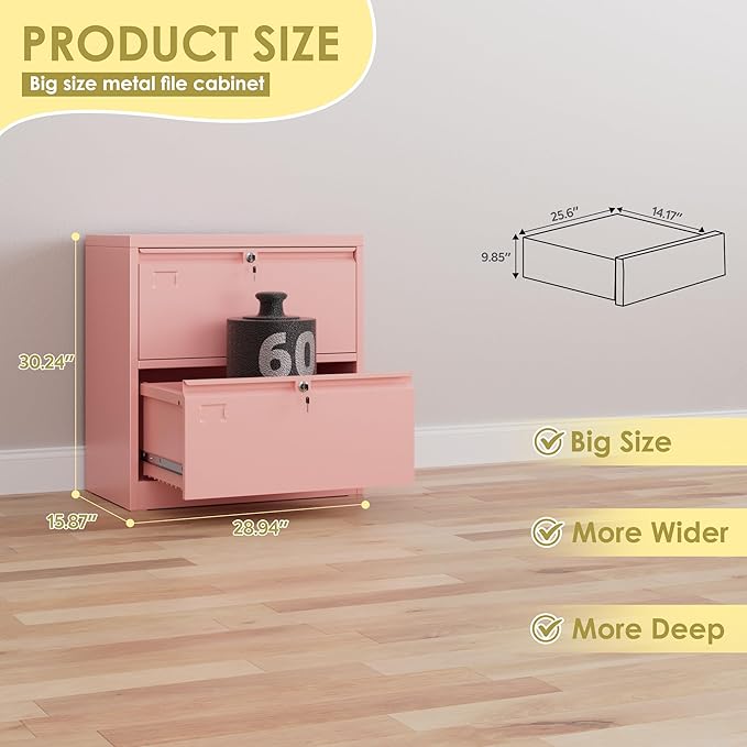 Metal Lateral File Cabinet, 30.24" H Lockable Files Cabinet, Ins Design Office Cabinet with 2 Drawers, Assembly Required