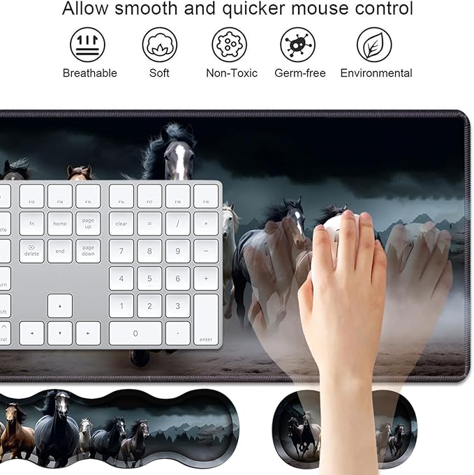 4 in 1 Ergonomic Keyboard Wrist Rest & Mouse Pad Wrist Rest Set, Large XXL Gaming Desk Mat 31.5"x 11.8" with Non-Slip Base, Memory Foam for Home Office Study Gaming, Running Horses