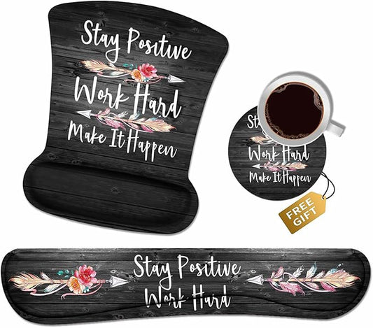 Mouse Pad Wrist Support and Keyboard Wrist Rest Set with Coasters, Stay Positive Work Hard and Make It Happen Inspirational Quote Wrist Mouse Pad with Non-Slip PU Base for Home Office Working Studying
