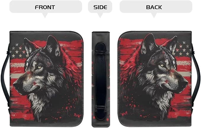 Lotusorchid American Flag Wolf Bible Bags, Faux Leather Bible Covers with Handle Pockets for Women, Portable Sturdy Bible Bag for Men, Christian Bible Study Accessories, Black and Red, XL
