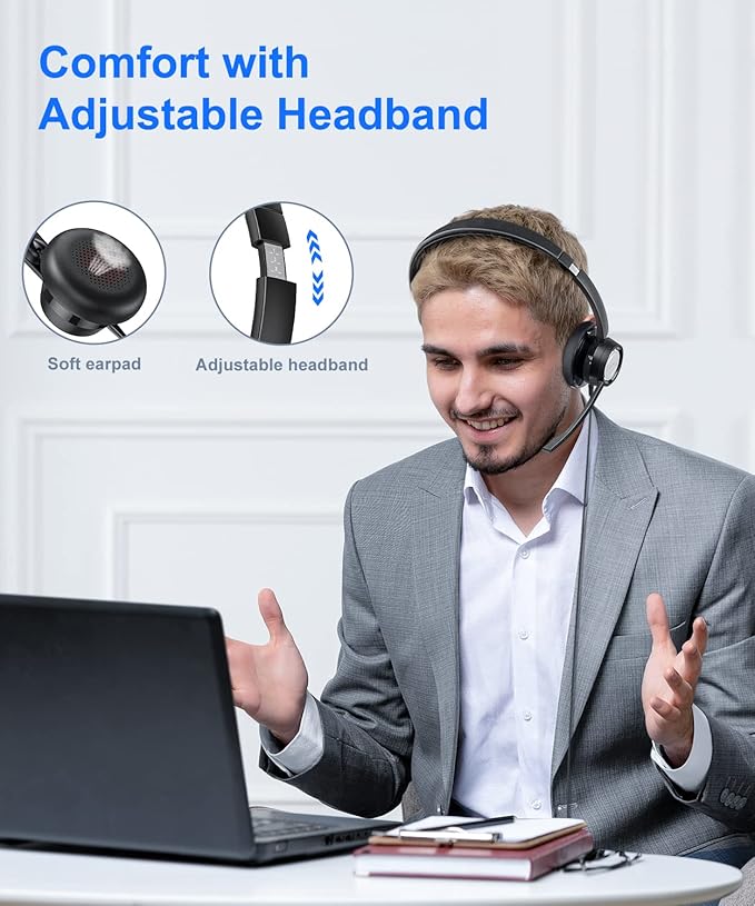 New bee USB Headset with Microphone for PC Computer Headset, Single Ear Noise Cancelling Mic, Call Center Wired Headphone with 3.5 mm/USB/Type C for Skype Zoom Tablet Laptop