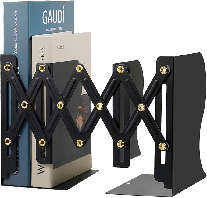 Olebes Adjustable Book Ends, Metal Non Skid Expandable Bookcase Bookend Stand Holder Book Storage Rack, Heavy Duty bookends for Shelf, Office Desk,Stationery (Black)