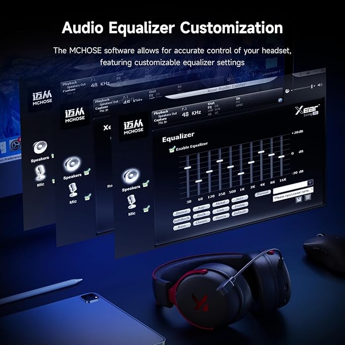 MCHOSE V9 PRO Wireless Gaming Headset 7.1 Surround Sound for PS5 PS4 PC SWITCH TOPSPEED Gaming Headphones, Noise Canceling Mic, 250Hr Battery, Low 15ms Latency, Lightweight, BT 5.3 FPS Games Black&Red