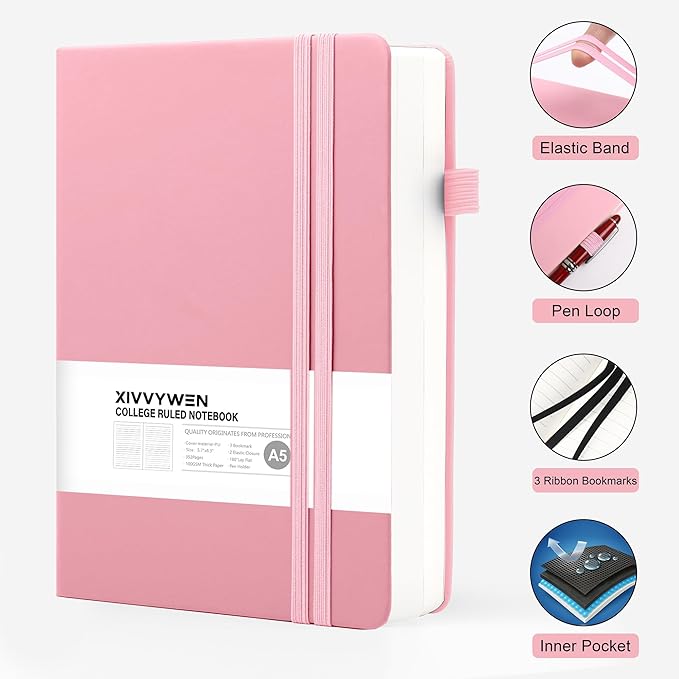 Lined Journal Notebook for Women Men, 352 Pages A5(5.7" x 8.3")College Ruled Hardcover Leather Journals for Writing, Daily Journal Notebooks for Work, Note Taking, Travel, School, Business (Pink)