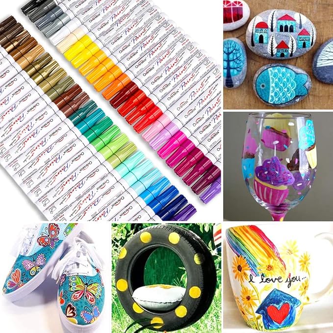Overseas 54 Colors Paint Pens, Oil Based Assorted Colors Permanent Markers - Medium Tip, Quick Dry, Waterproof Paint Markers for Metal, Wood, Plastic, Rock, Stone, Canvas, Glass, Rubber, Leather