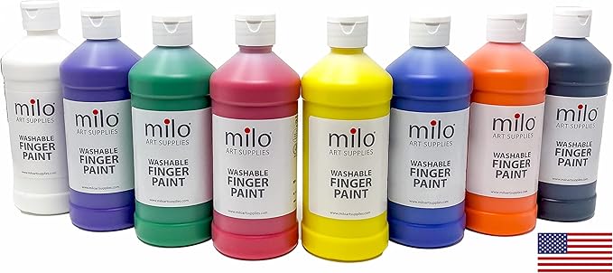 milo Kid's Washable Finger Paint Set of 8 Colors | 16 oz Bottles | Safe and Non-Toxic | Made in the USA | Art & Craft Paints for Kids, Toddlers, Pre School Supplies Painting Set for Children | Easy