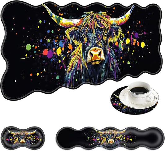 Large Mouse Pad and Keyboard Wrist Rest, Desk Pad for Keyboard and Mouse, 4-in-1 Large Gaming Mouse Pad with Wrist Support, Desk Mat for Home Office Study Game-Colorful Highland Cow