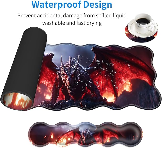 Large Mouse Pad and Keyboard Wrist Rest, Desk Pad for Keyboard and Mouse, 4-in-1 Large Gaming Mouse Pad with Wrist Support, Desk Mat for Home Office Study Game-Dragon in Flames
